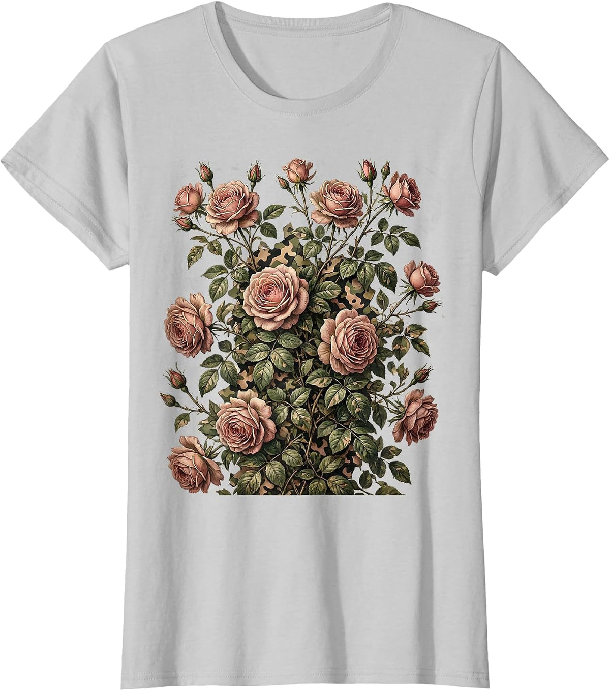 Pink Camo Climbing Roses Floral Tank Illustration T-Shirt - Silver Grey