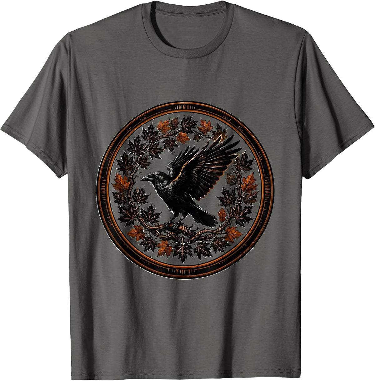 Crow and Swirling Autumn Leaves Illustration T-Shirt - Asphalt Grey