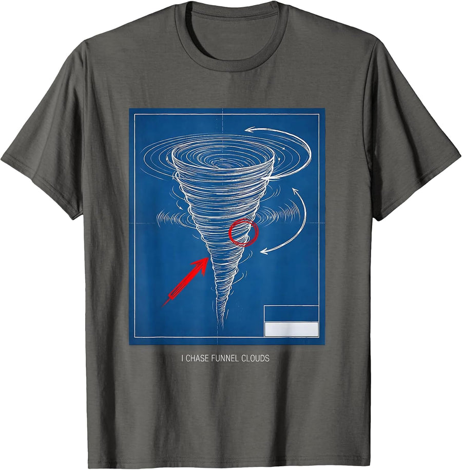 I Chase Funnel Clouds Technical Blueprint Meteorology Storm T-Shirt - Asphalt Grey