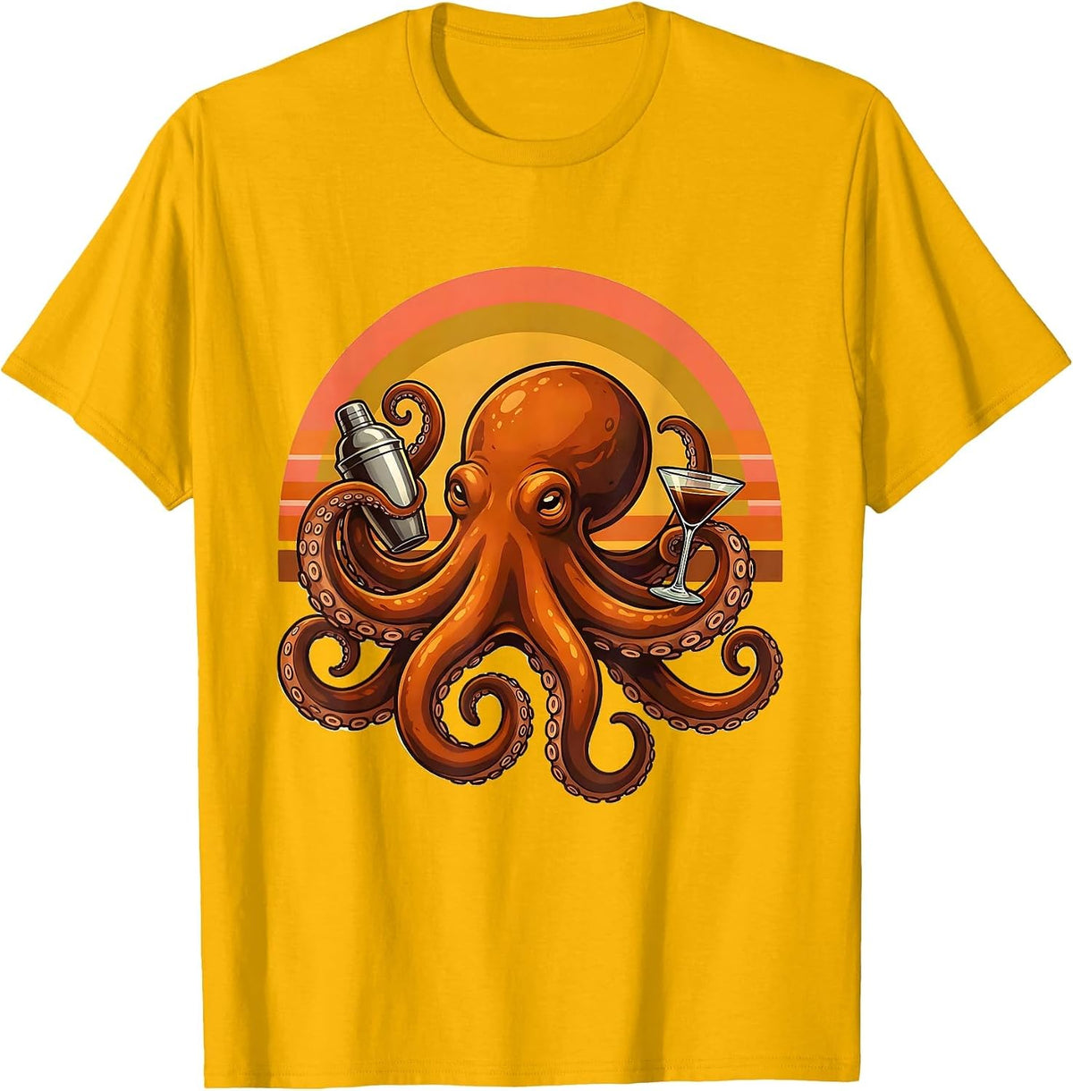 Octopus Espresso Martini Cocktail Shaker Art T-Shirt - Golden Yellow