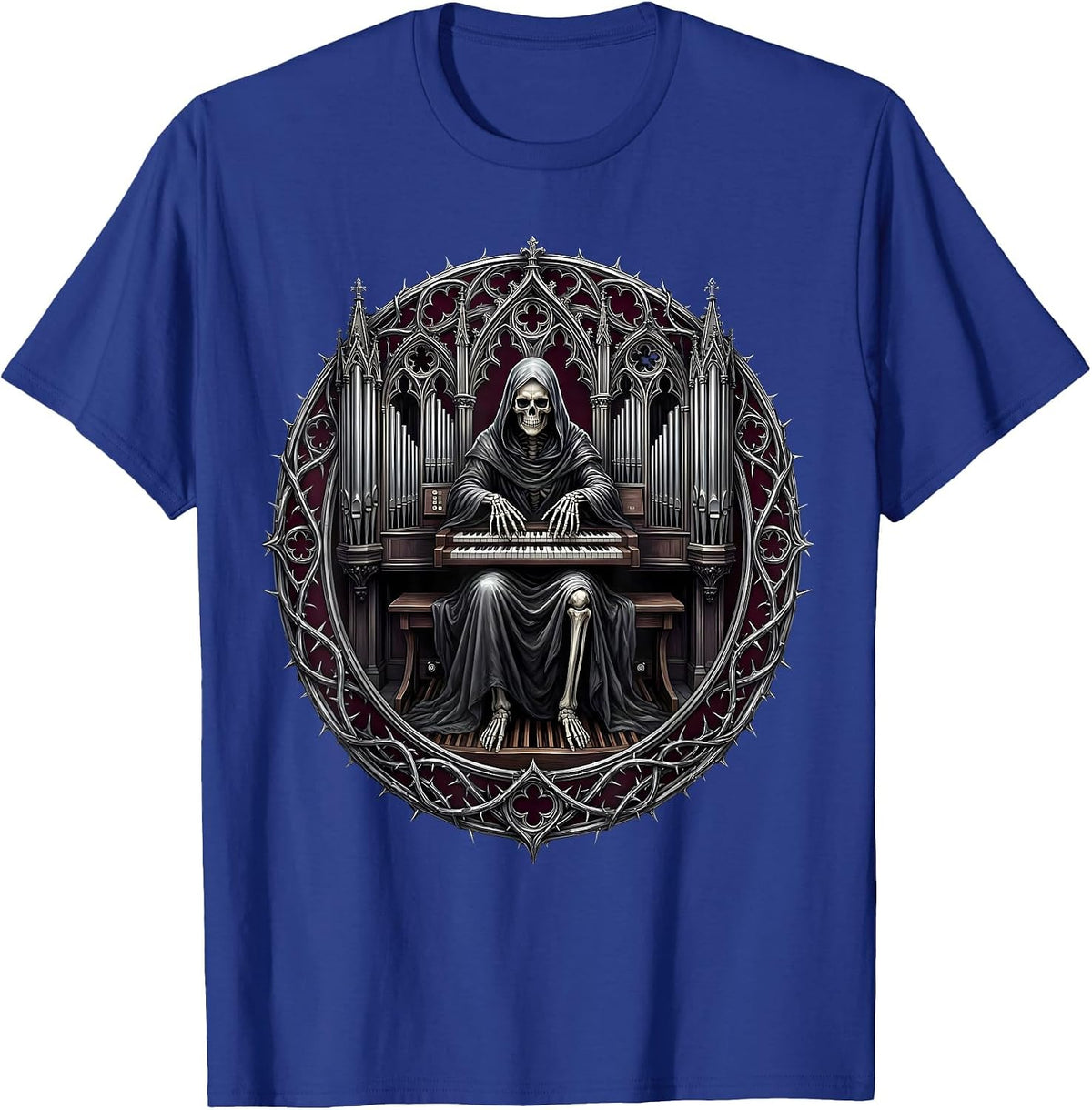 Cloaked Skeleton Pipe Organ Heavy Metal Graphic T-Shirt - Royal Blue