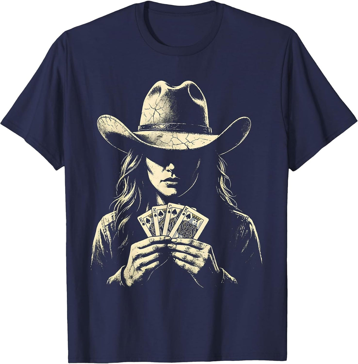 Western Poker Player Illustration Graphic Tee T-Shirt - Navy Blue