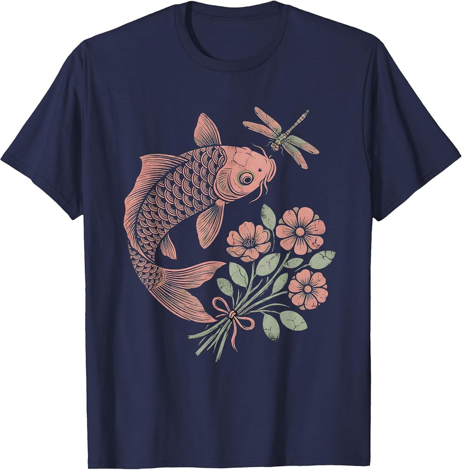 Red Koi Fish Leaping Upstream Freedom Design T-Shirt - Navy Blue