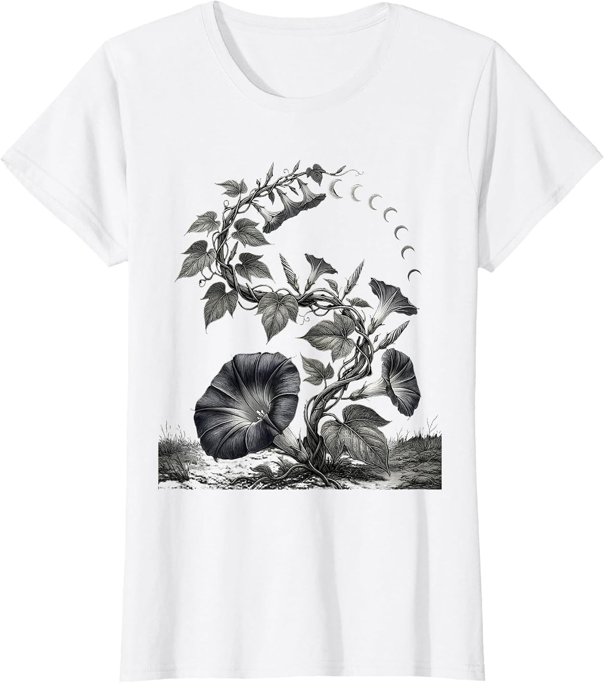 Climbing Vine Crescent Moon Boho Floral Mystical T-Shirt - White