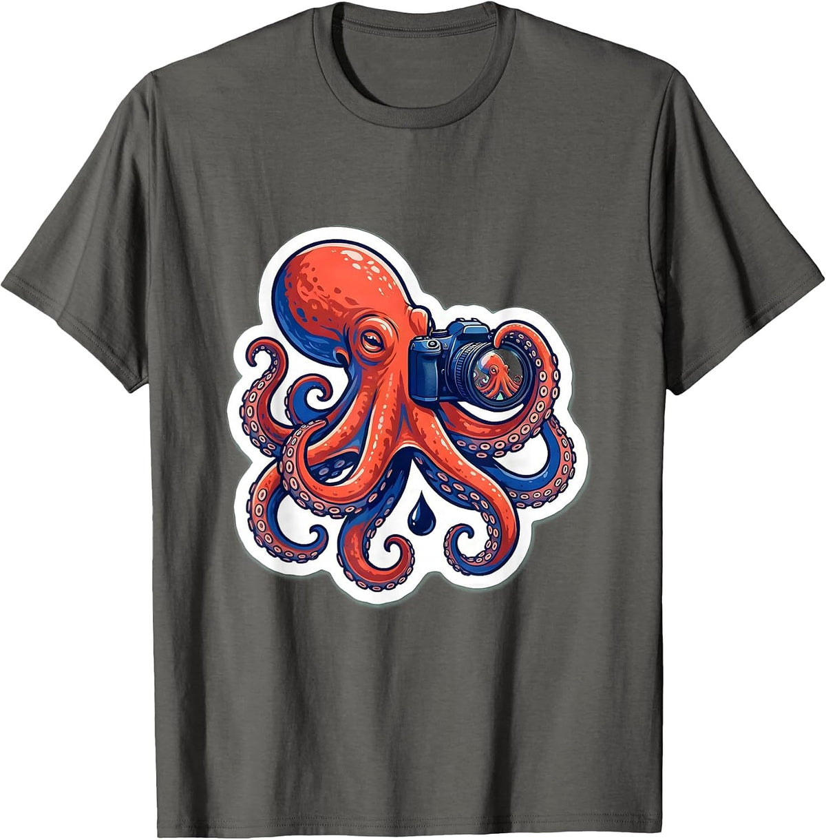 Men's Octopus Photographer Sticker Style Marine Biology Humor T-Shirt - Asphalt Grey