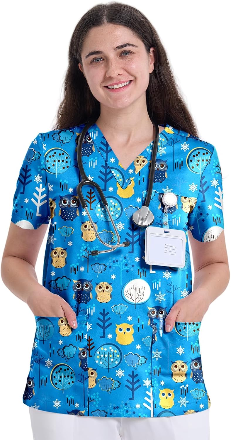 Printed Scrub Tops for Women, V-Neck Nurse Shirt, 3 Pockets - Blue Owl