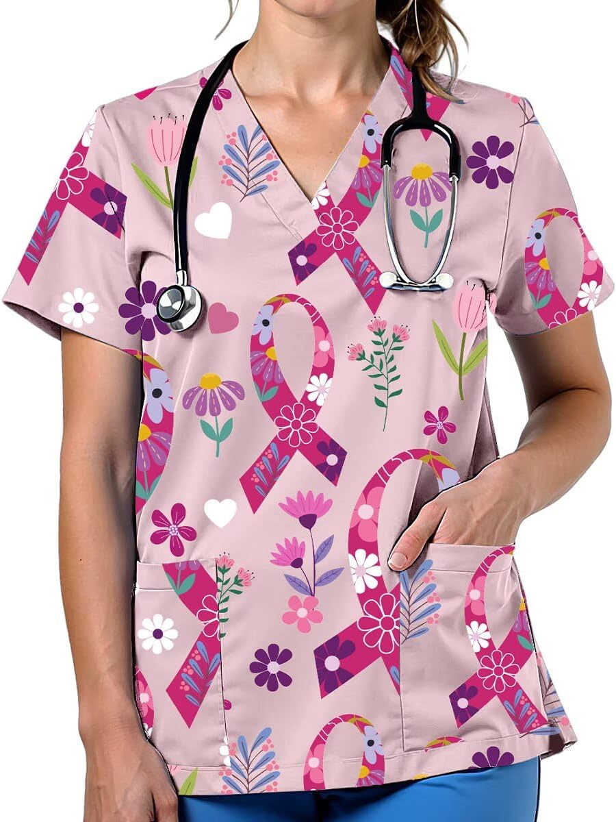 Scrubs for Women Cute Printed V Neck Scrub Top Nurse Shirt - D3353-pink