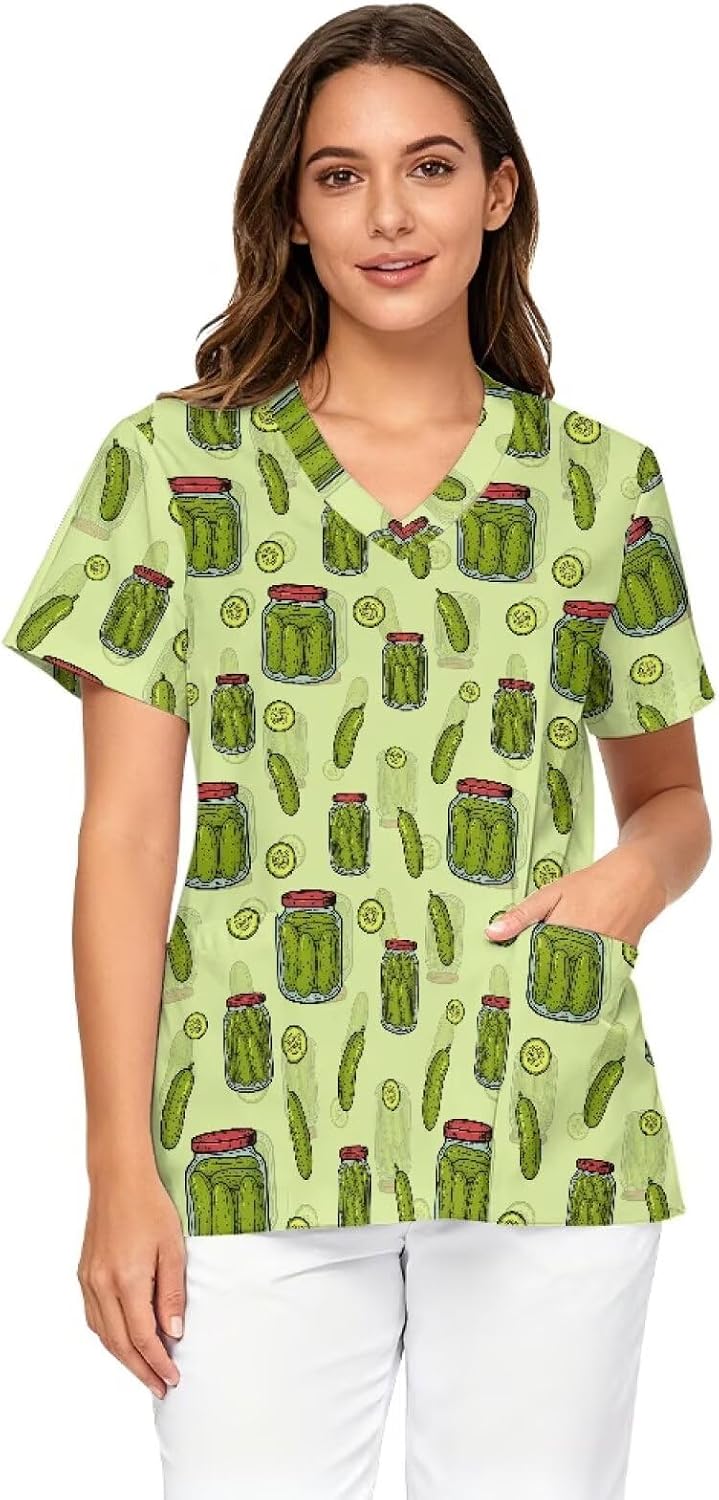 Scrub Tops Women Short Sleeve V-Neck Holiday Printed Medical Nurse Uniforms Scrub Tops Shirt with Pockets - Pickle