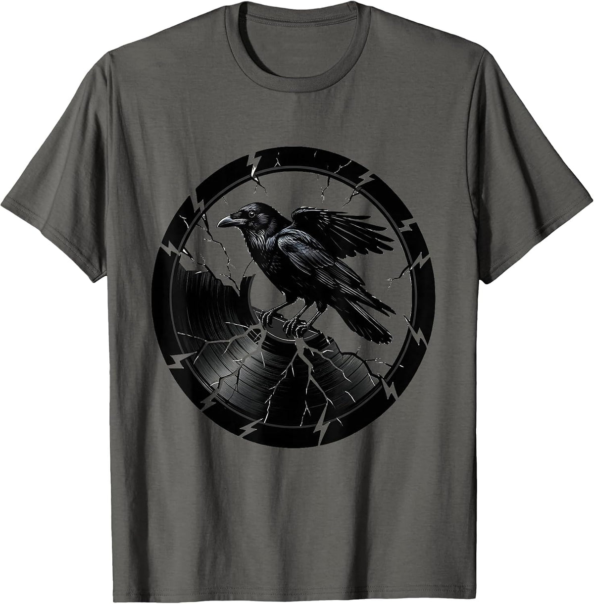 Crow on Cracked Vinyl Record Rock and Roll Art T-Shirt - Asphalt Grey
