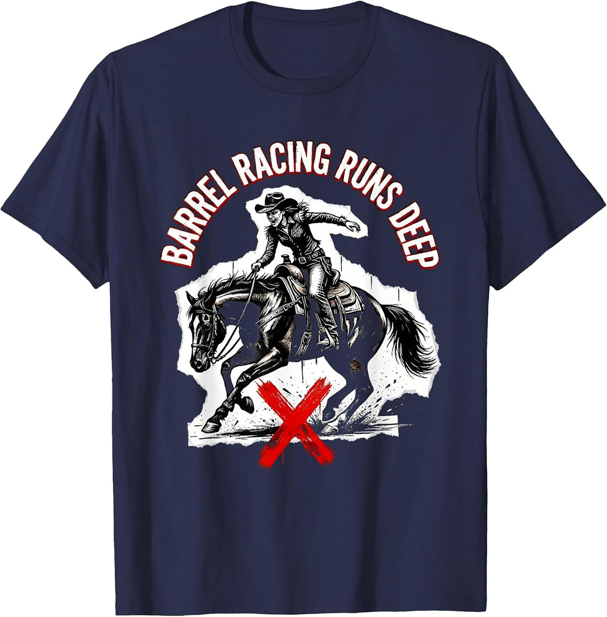 Barrel Racing Runs Deep Cowgirl Design T-Shirt - Navy Blue