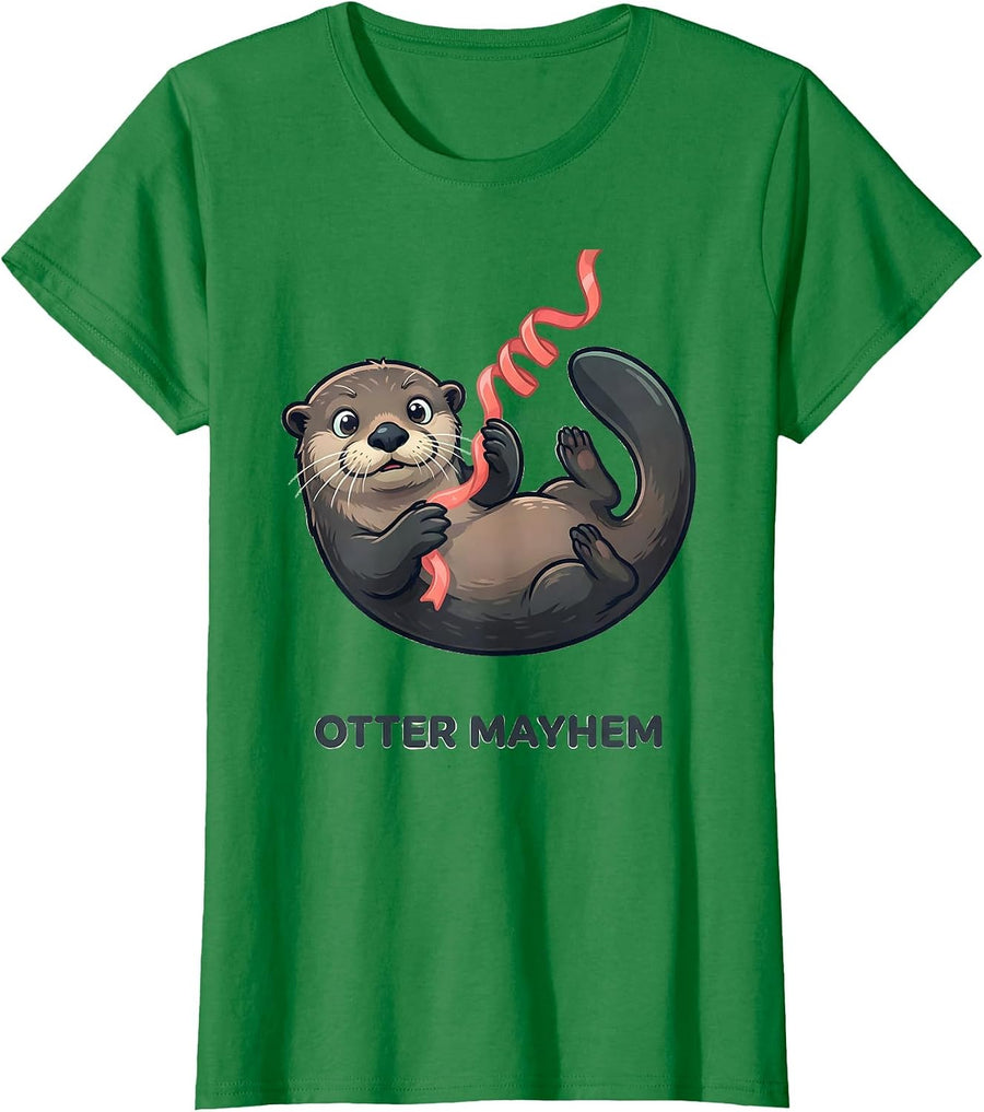 Women's Otter Mayhem Cute Kawaii Sea Otter Lover Humor T-Shirt - Kelly Green