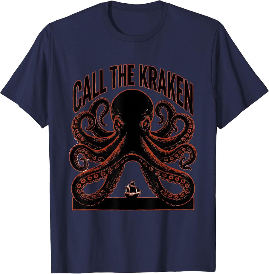 Call The Kraken Vintage Octopus Sea Monster Lover Graphic T-Shirt - Navy Blue