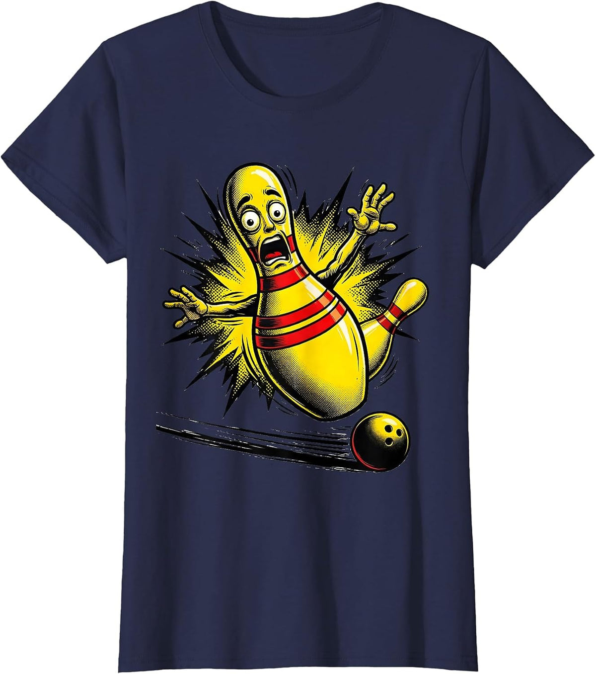 Women's Bowling Pin Shock Comic Book Bowler Humor T-Shirt - Navy Blue
