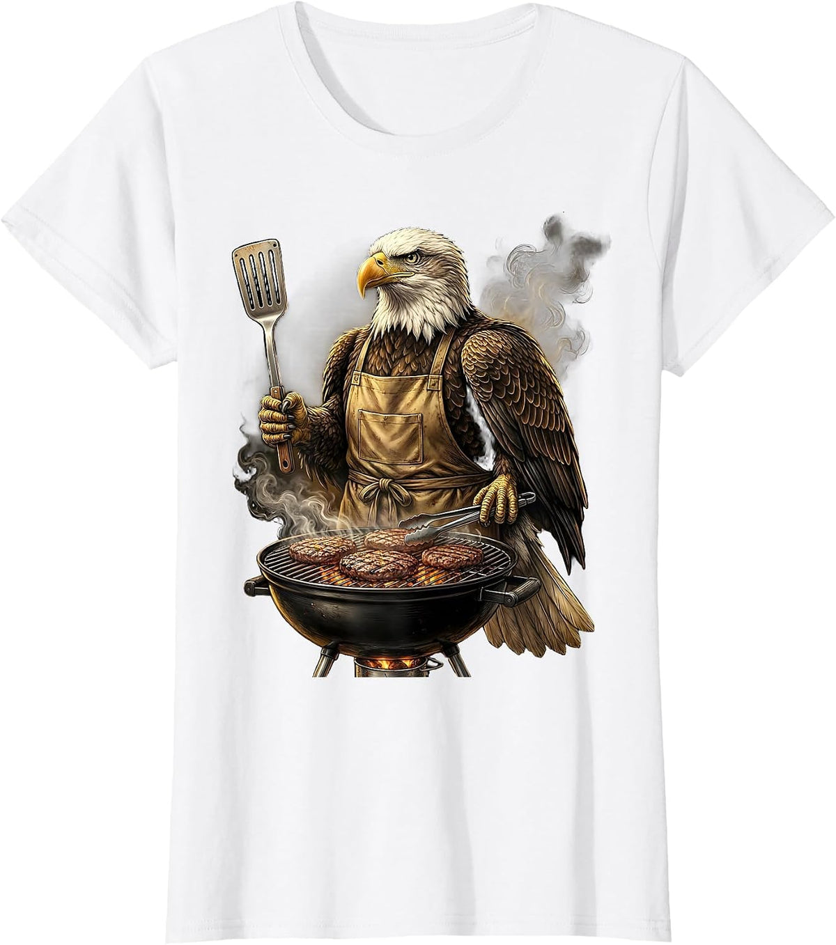 Women's Bald Eagle Grilling Burgers Funny BBQ Design T-Shirt - White