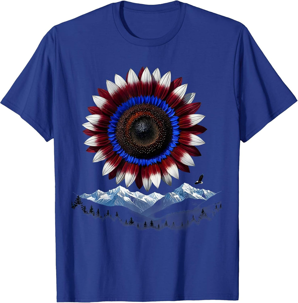 Red White and Blue Sunflower Patriotic Floral Design T-Shirt - Royal Blue