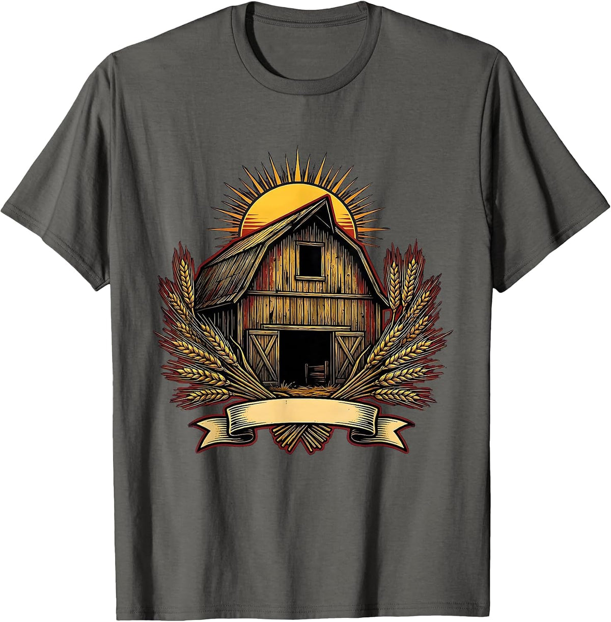 Men's Weathered Barn Golden Wheat Fields Country Design T-Shirt - Asphalt Grey