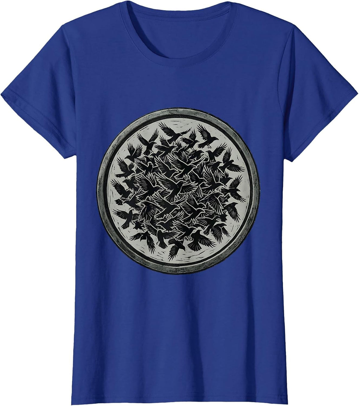 Women's Massive Crow Flock Darkening the Sky Design T-Shirt - Royal Blue