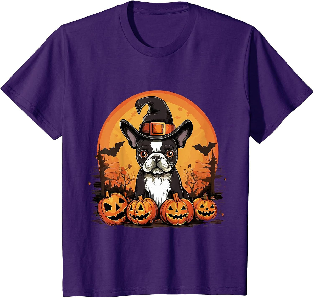 Boston Terrier Bostie Dog Breed Pet Halloween Pumpkins T-Shirt - Purple