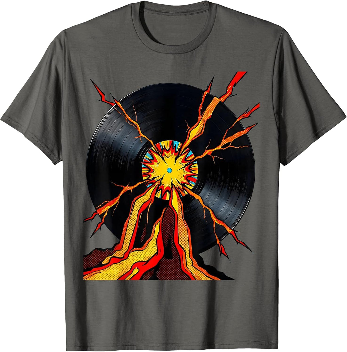 Cracked Vinyl Record Bleeding Lava Rock Music Design T-Shirt - Asphalt Grey