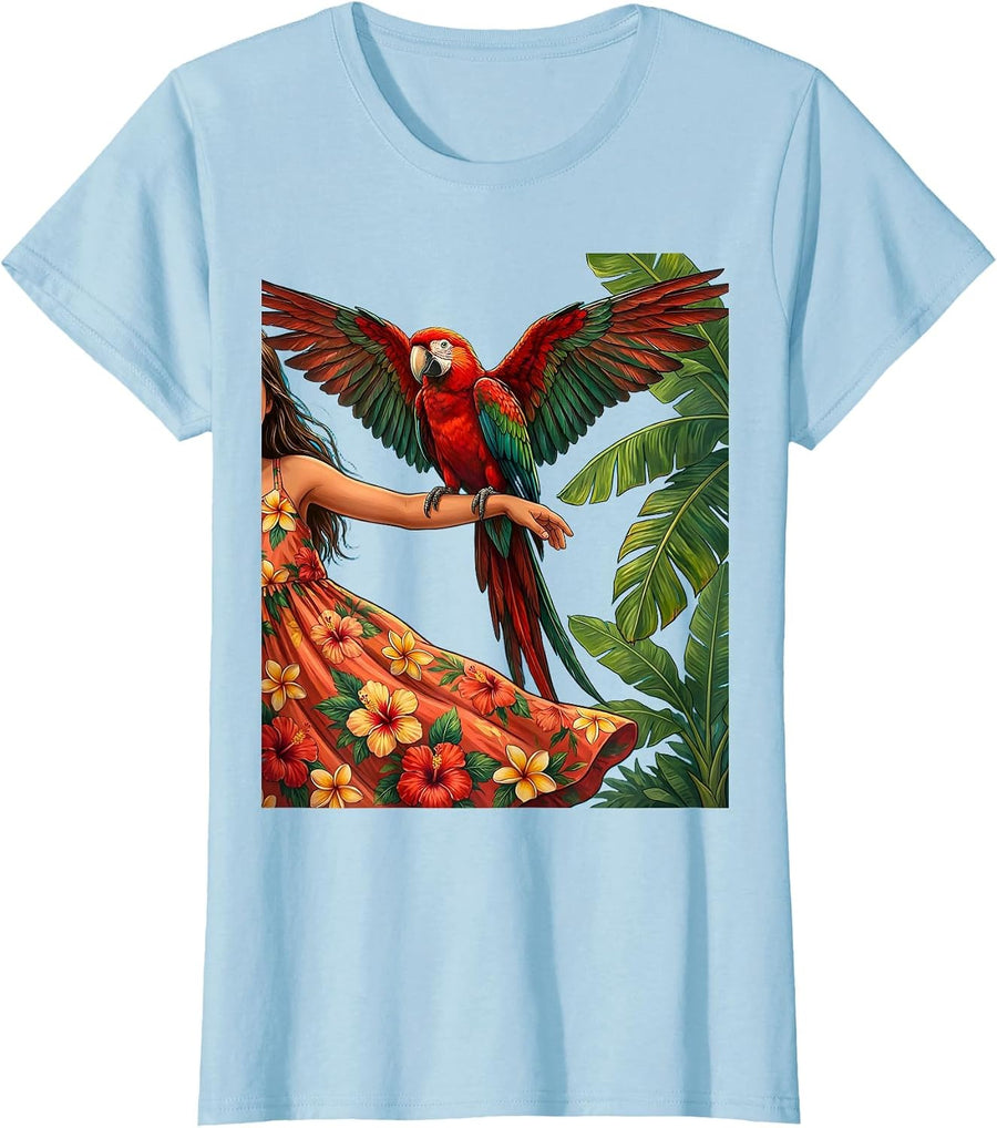 Women's Tropical Parrot on Outstretched Arm Hawaiian Design T-Shirt - Baby Blue