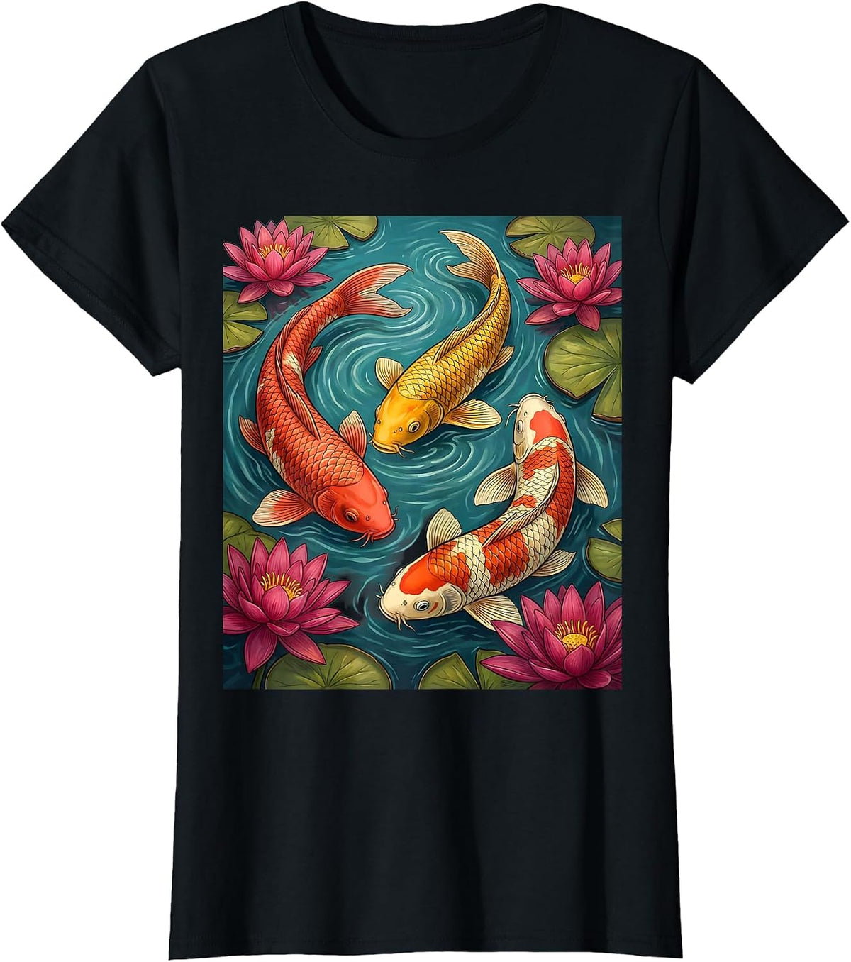 Colorful Koi Fish Lily Pond Hawaiian Design T-Shirt - Black