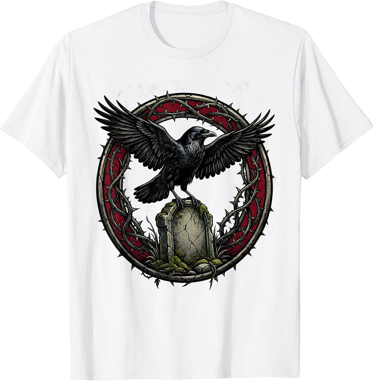 Men's Crow on Crumbling Gravestone Gothic Art T-Shirt - White
