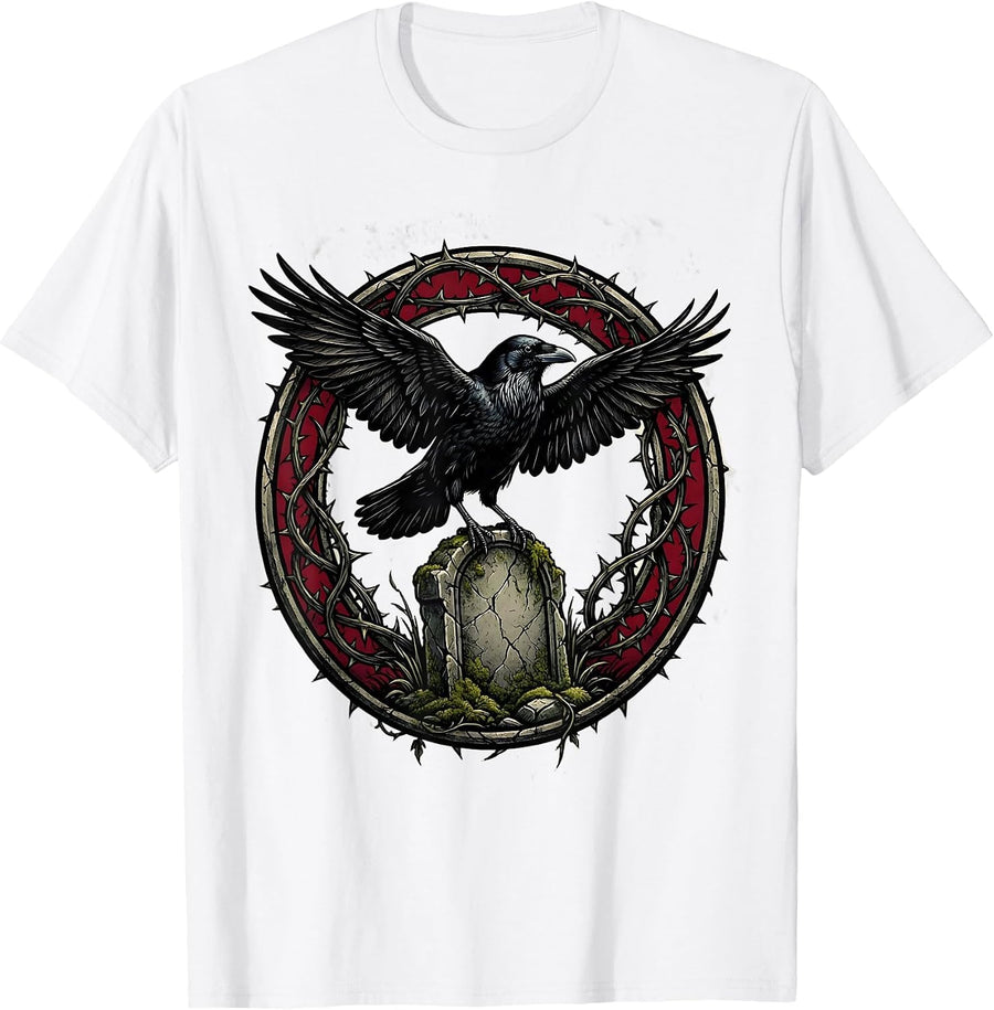 Men's Crow on Crumbling Gravestone Gothic Art T-Shirt - White