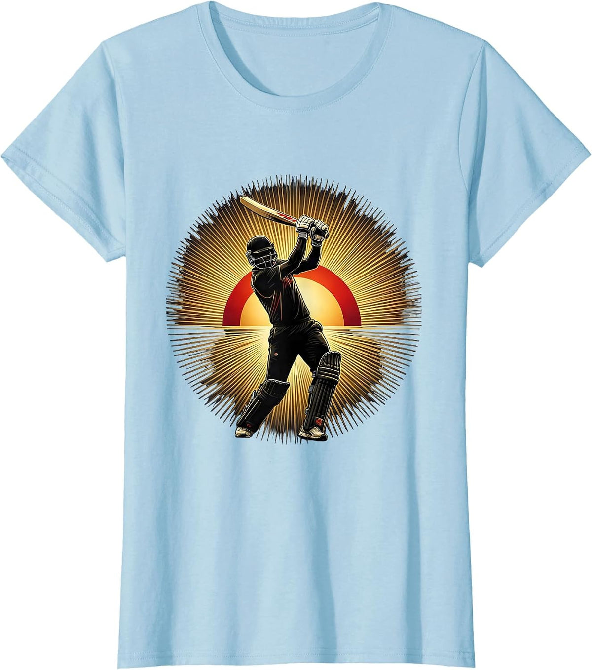 Women's Cricket Batsman Silhouette Blazing Sunrise Design T-Shirt - Baby Blue