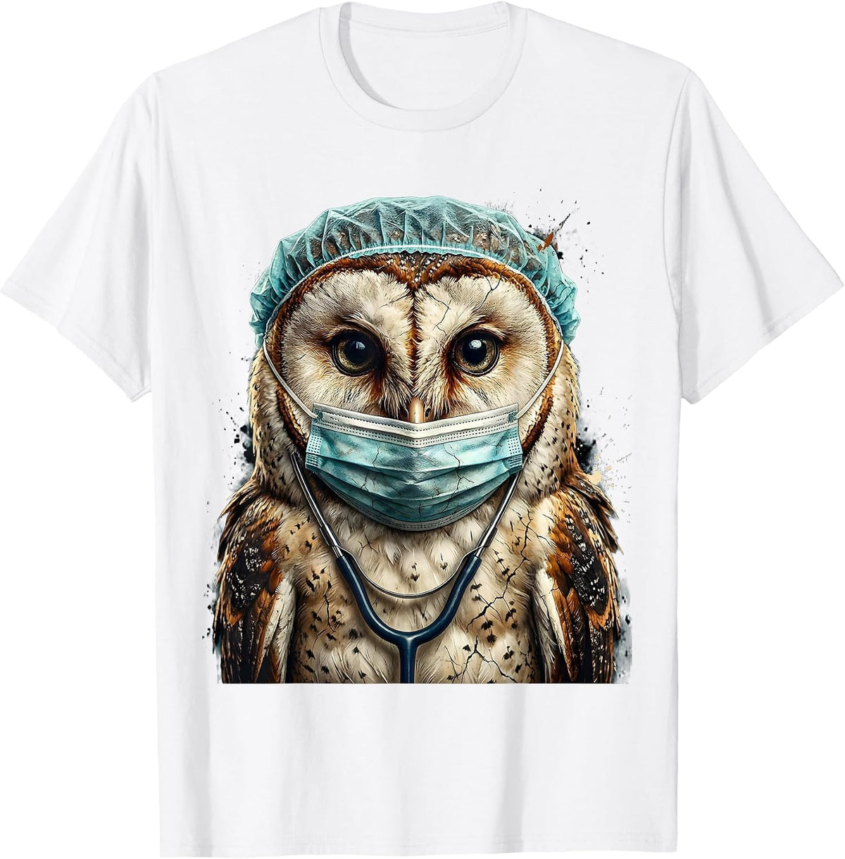 Men's Nurse Owl Surgical Mask and Cap Illustration T-Shirt - White