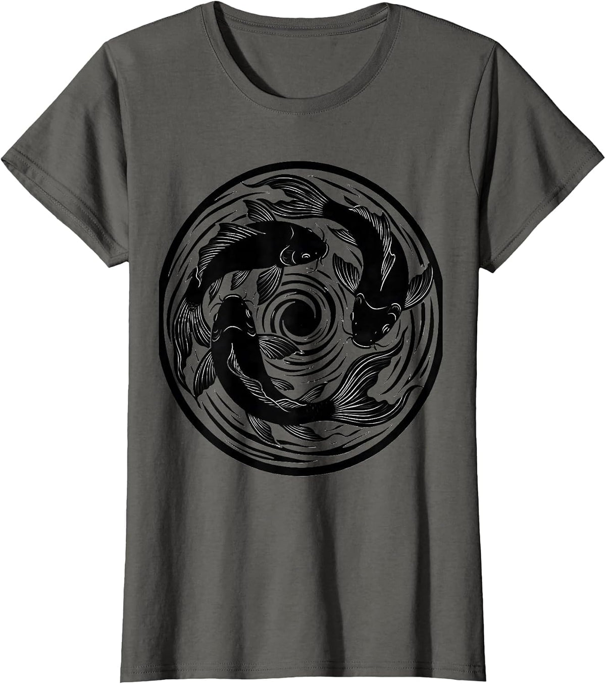 Women's Koi Fish Swirling Circular Pond Graphic T-Shirt - Asphalt Grey