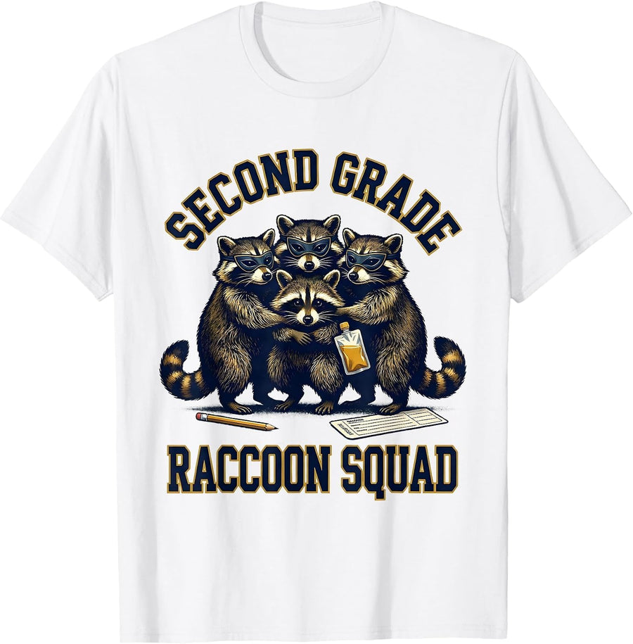 Men's Second Grade Raccoon Squad Funny Teacher Back to School T-Shirt - White