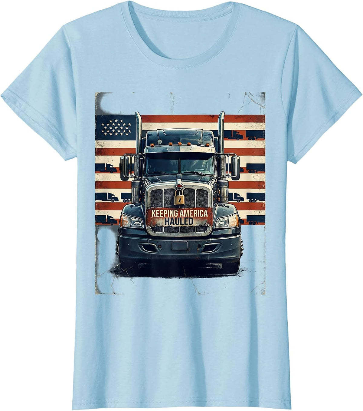 Women's Keeping America Hauled Distressed Trucker Patriotic USA Flag T-Shirt - Baby Blue