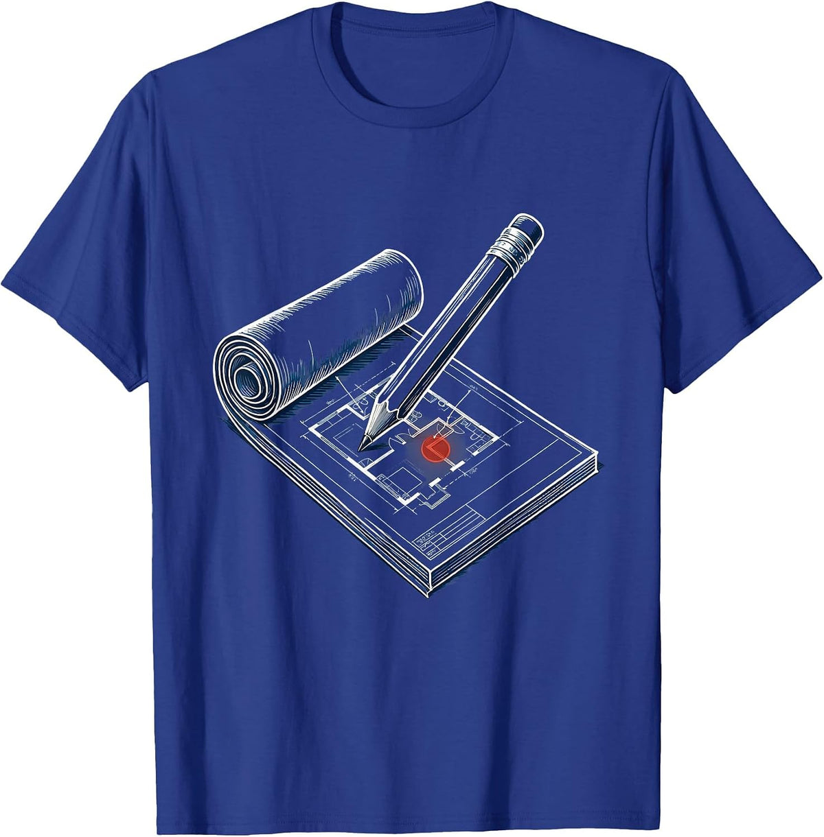 Blueprint Roll and Pencil Graphic Design T-Shirt - Royal Blue