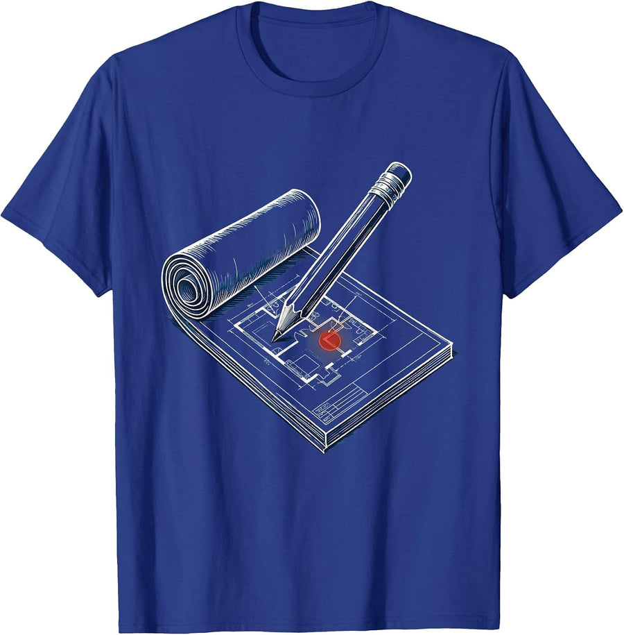 Blueprint Roll and Pencil Graphic Design T-Shirt - Royal Blue