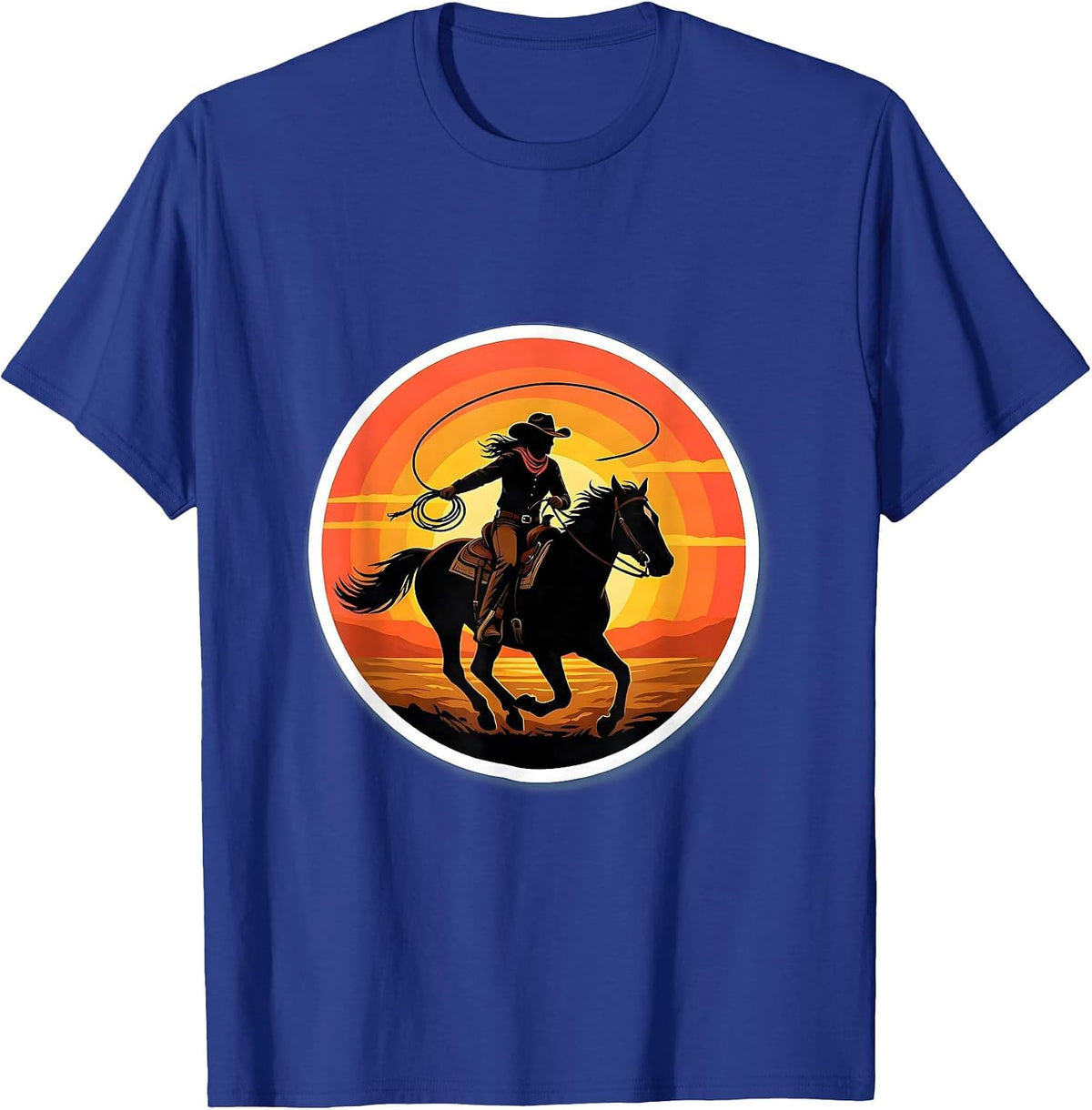 Cowgirl Riding Horse Sunset Silhouette T-Shirt - Royal Blue