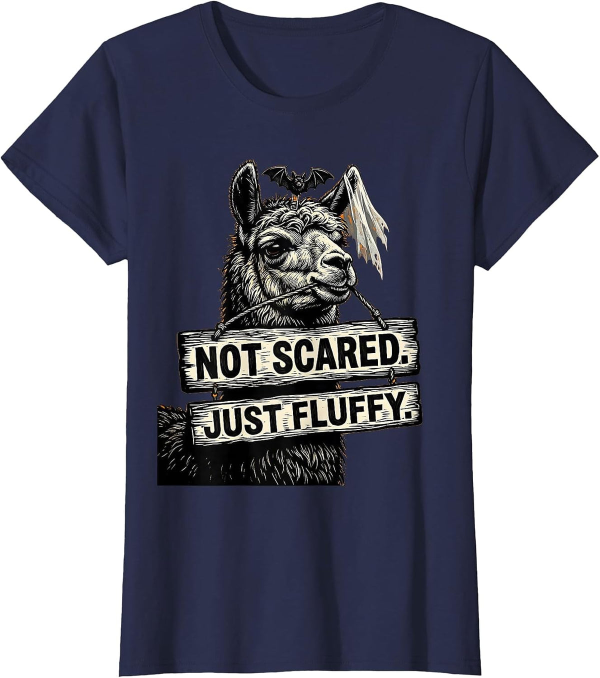Women's Not Scared Just Fluffy Linocut Funny Llama Halloween T-Shirt - Navy Blue