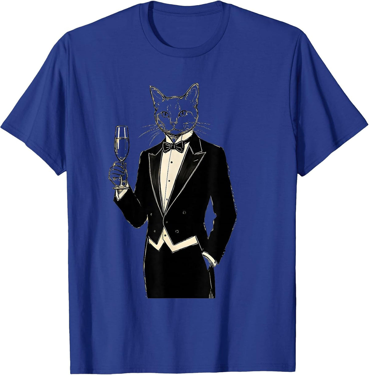 Fancy Cat in Tuxedo with Champagne Glass T-Shirt - Royal Blue