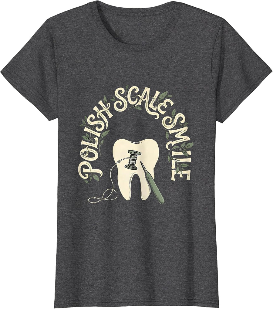Women's Polish Scale Smile Boho Dental Hygienist Humor T-Shirt - Dark Heather Grey