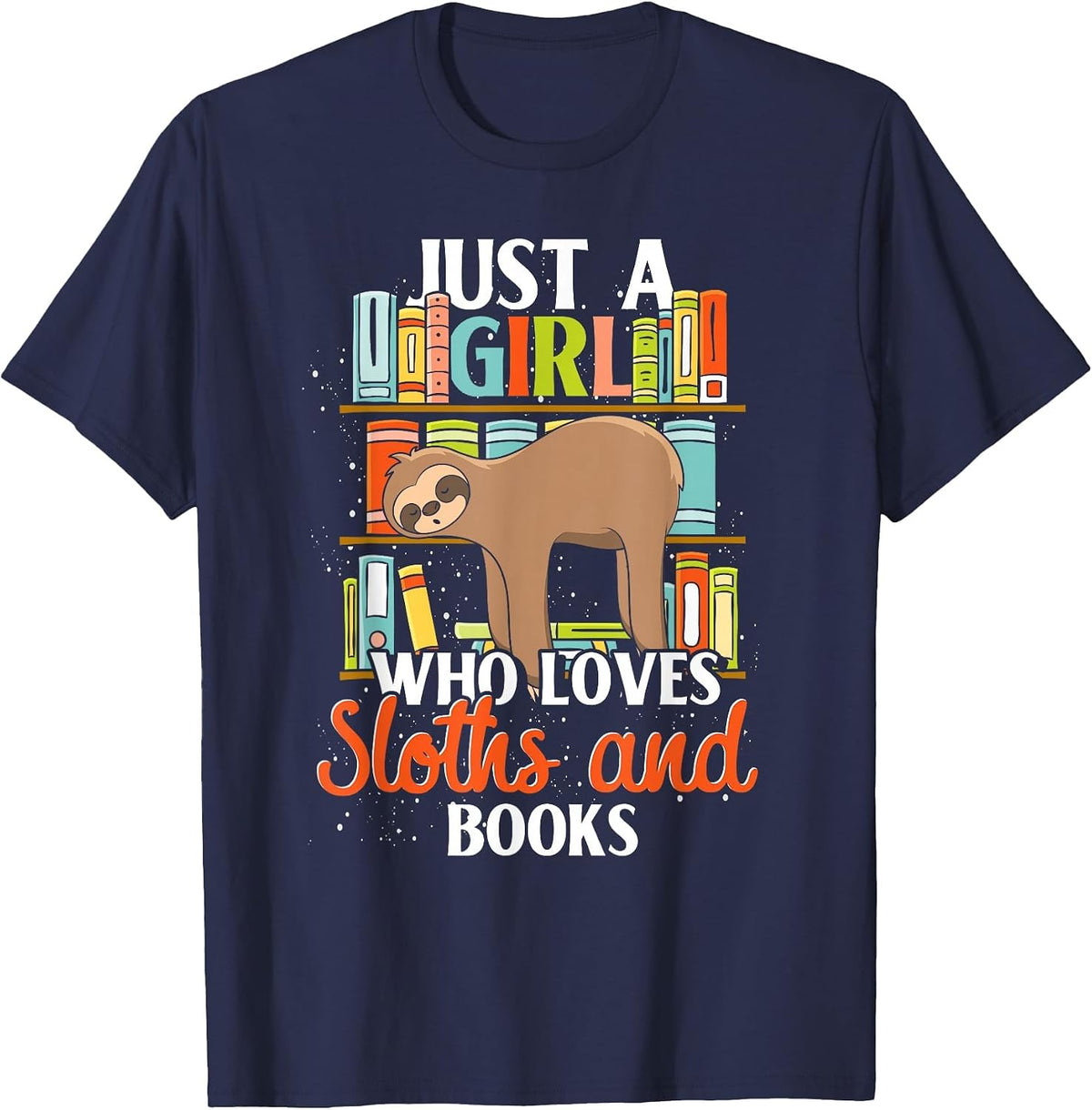Tropical Zoo Animal Books Reading Sleeping Sloth Girl T-Shirt - Navy Blue