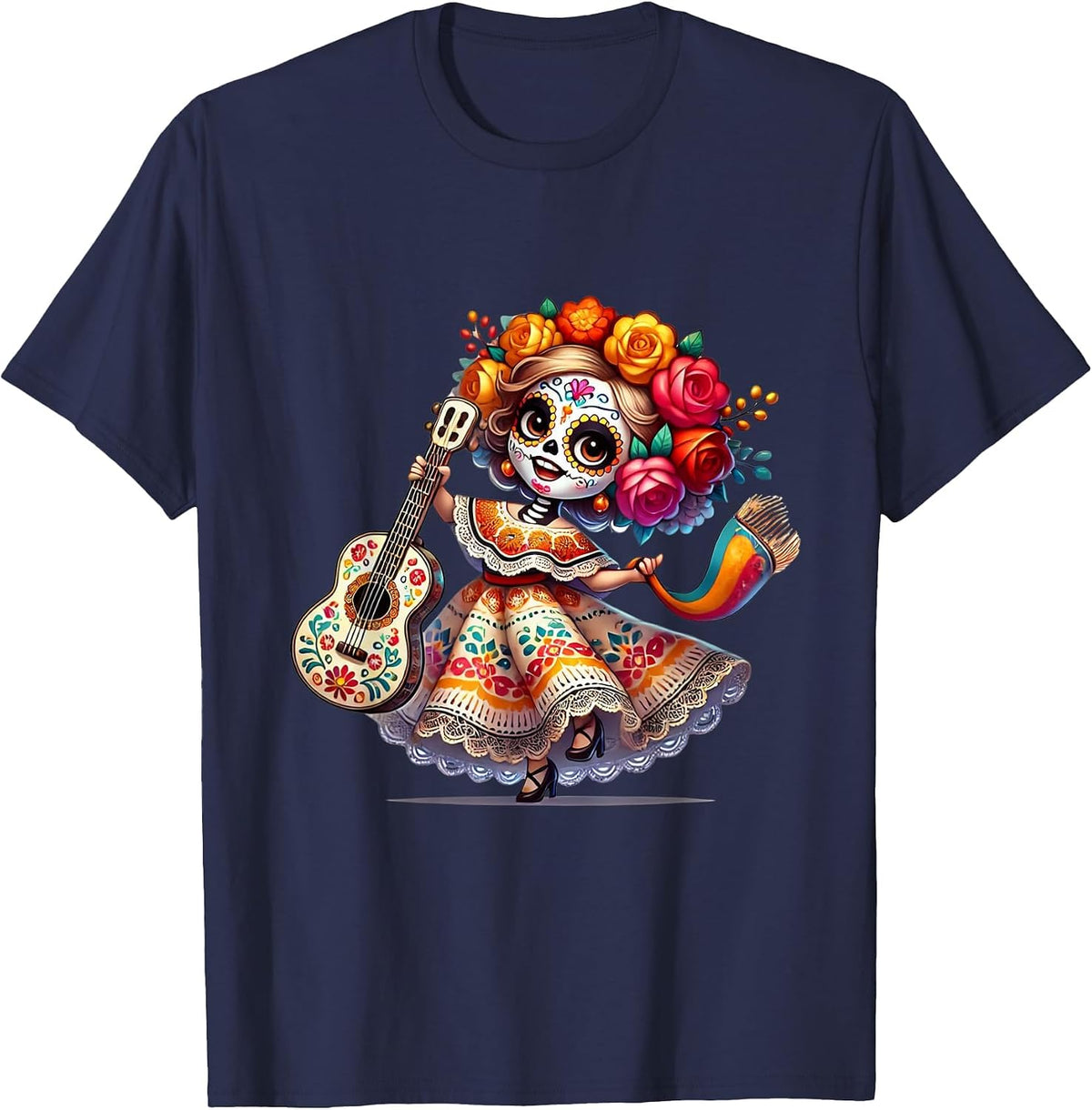 La Catrina Hispanic Heritage Month Mexican Halloween Flower T-Shirt - Navy Blue