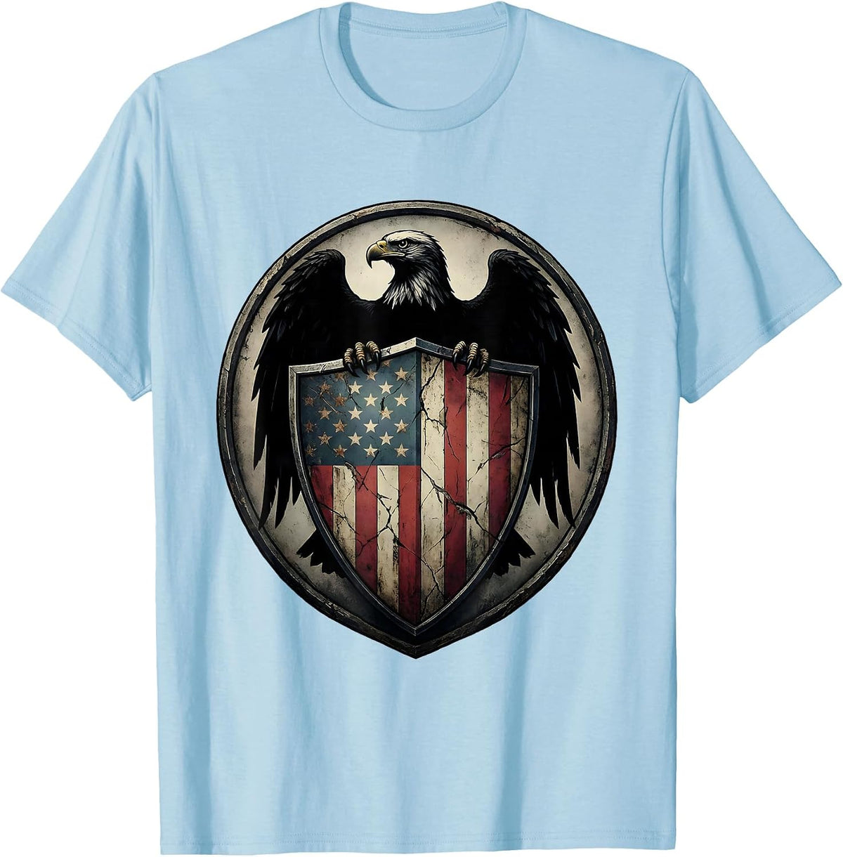 Men's Bald Eagle American Flag Shield Crest T-Shirt - Baby Blue