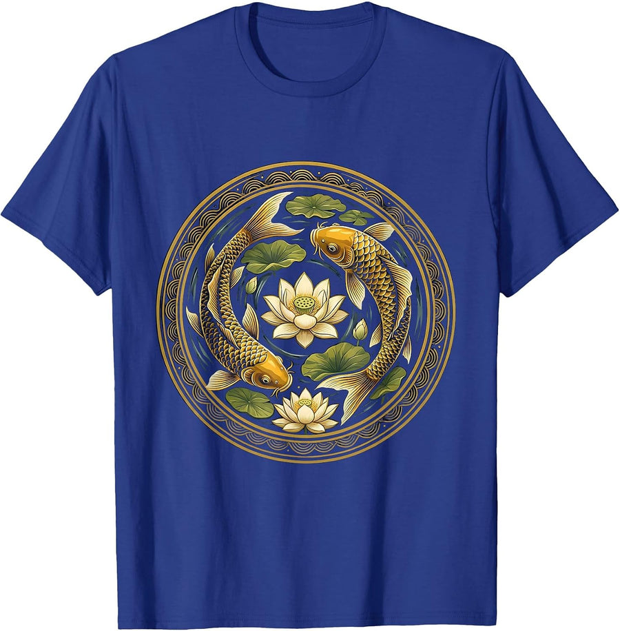 Koi and Lotus Flowers Japanese Pond Design T-Shirt - Royal Blue