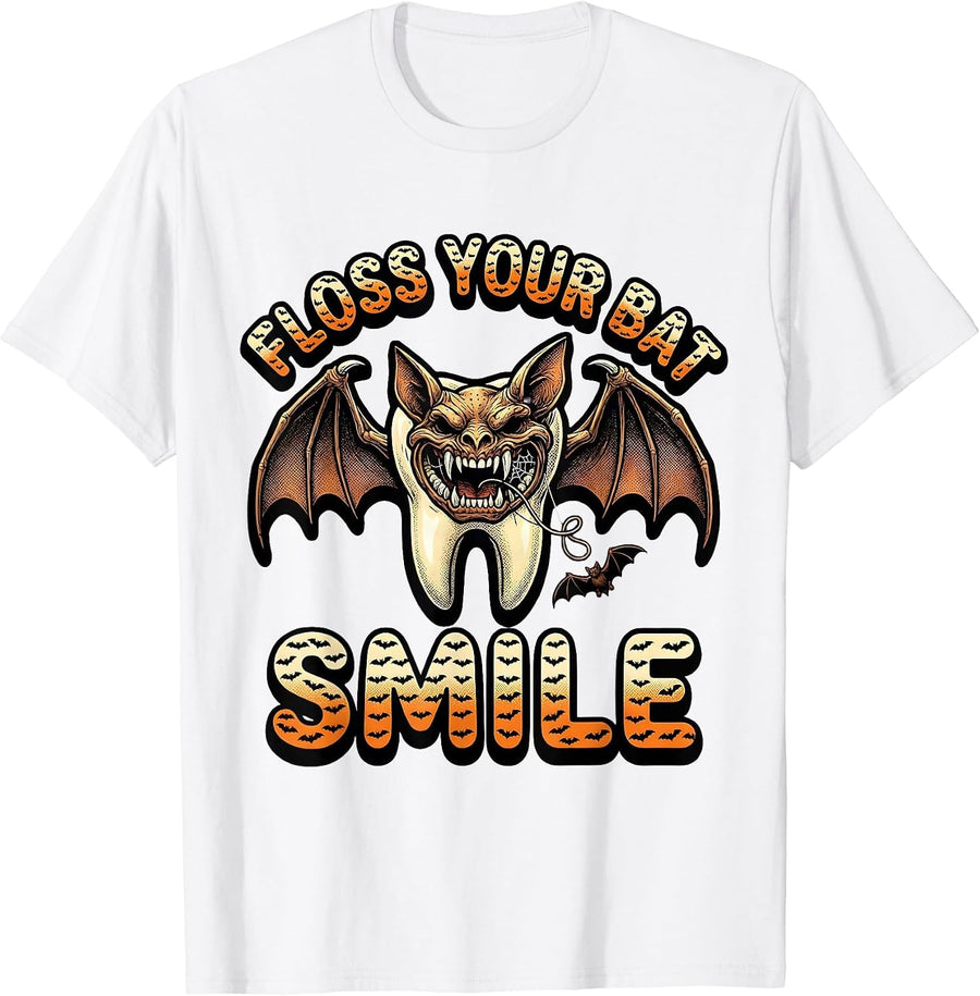 Men's Floss Your Bat Smile Bold Dental Hygienist Halloween Costume T-Shirt - White