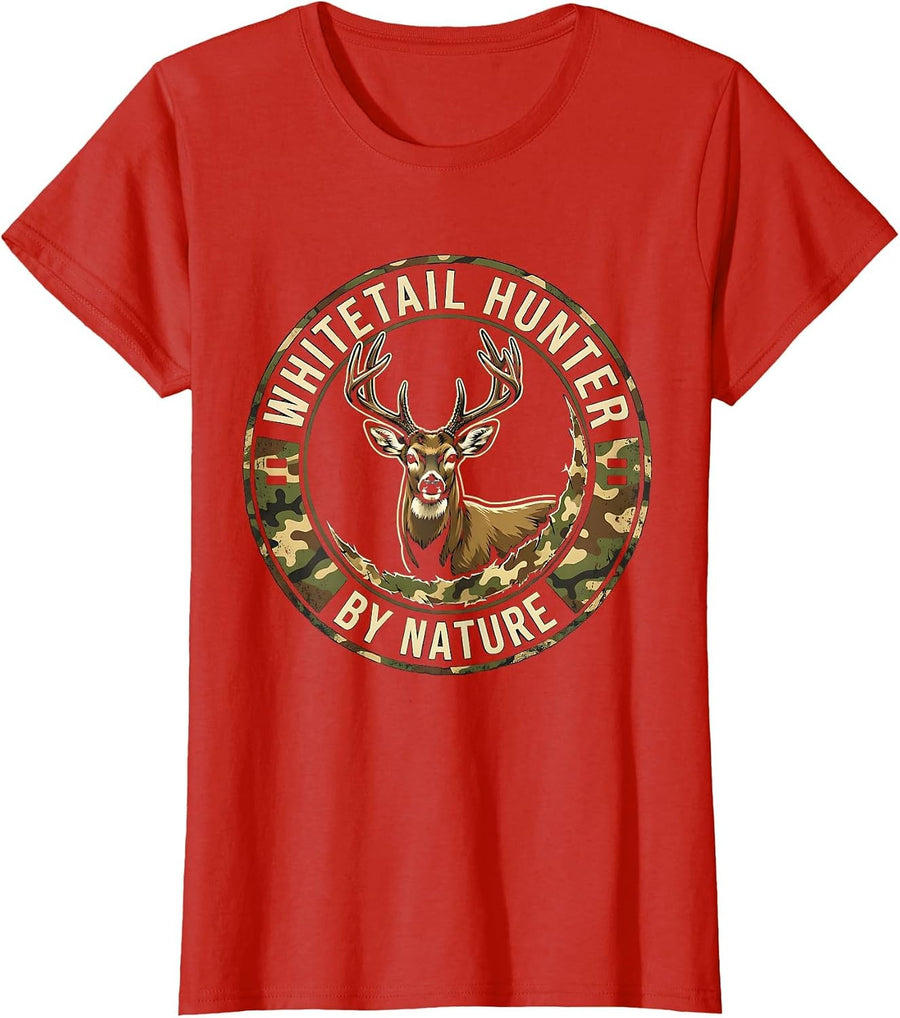 Women's Whitetail Hunter By Nature Distressed Camo Dad Humor T-Shirt - Red
