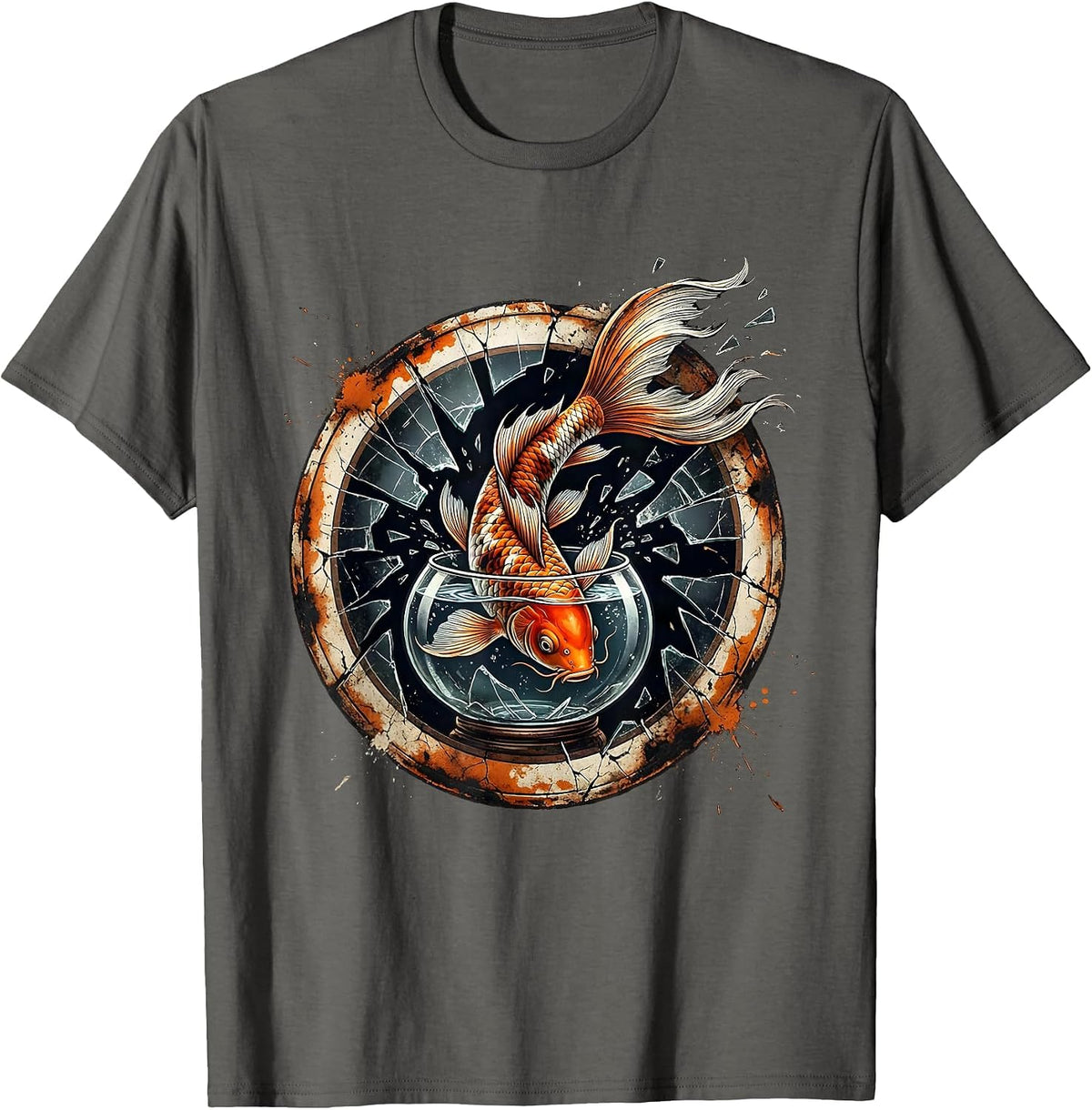 Koi Fish Leaping Out of Fishbowl Graphic Tee T-Shirt - Asphalt Grey