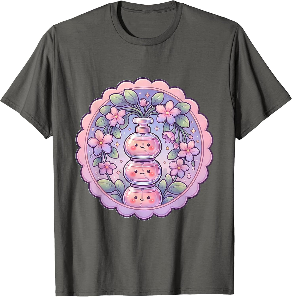 Gigi Perfume Bottles and Cascading Flowers T-Shirt - Asphalt Grey