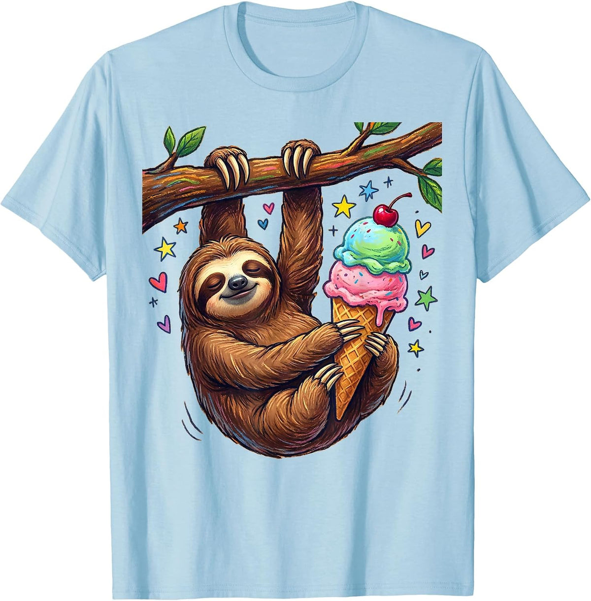Men's Funny Sloth Hanging Upside Down Eating Ice Cream T-Shirt - Baby Blue