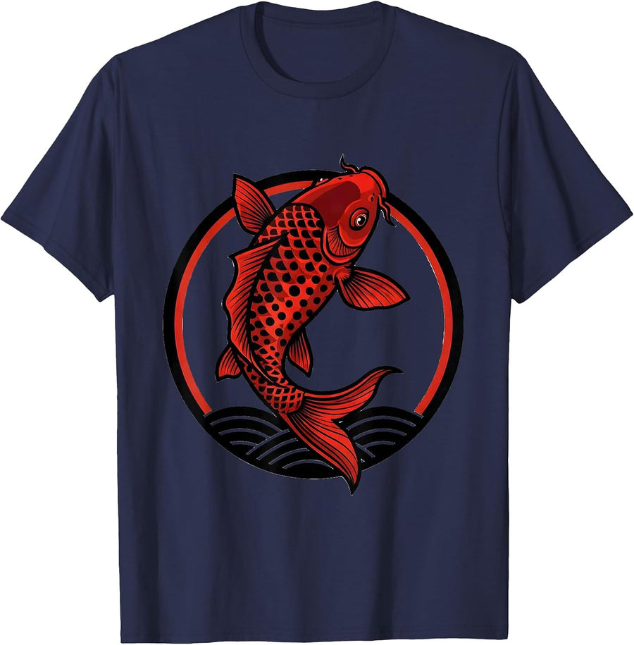 Red Koi Fish Leaping From Water Polka Dot Art T-Shirt - Navy Blue