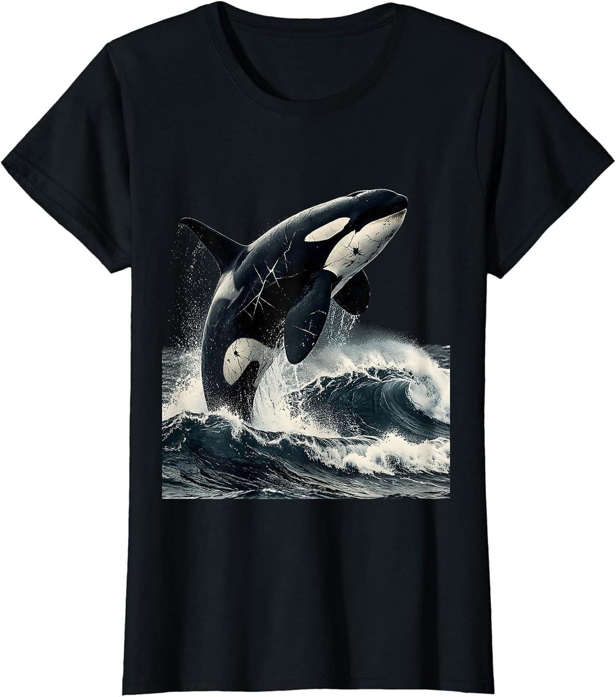 Alaska Orca Breaching Icy Ocean Waves Art T-Shirt - Black