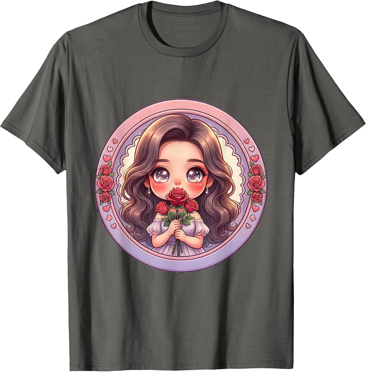 Gigi Elegant Rose Blowing Kiss Illustration T-Shirt - Asphalt Grey
